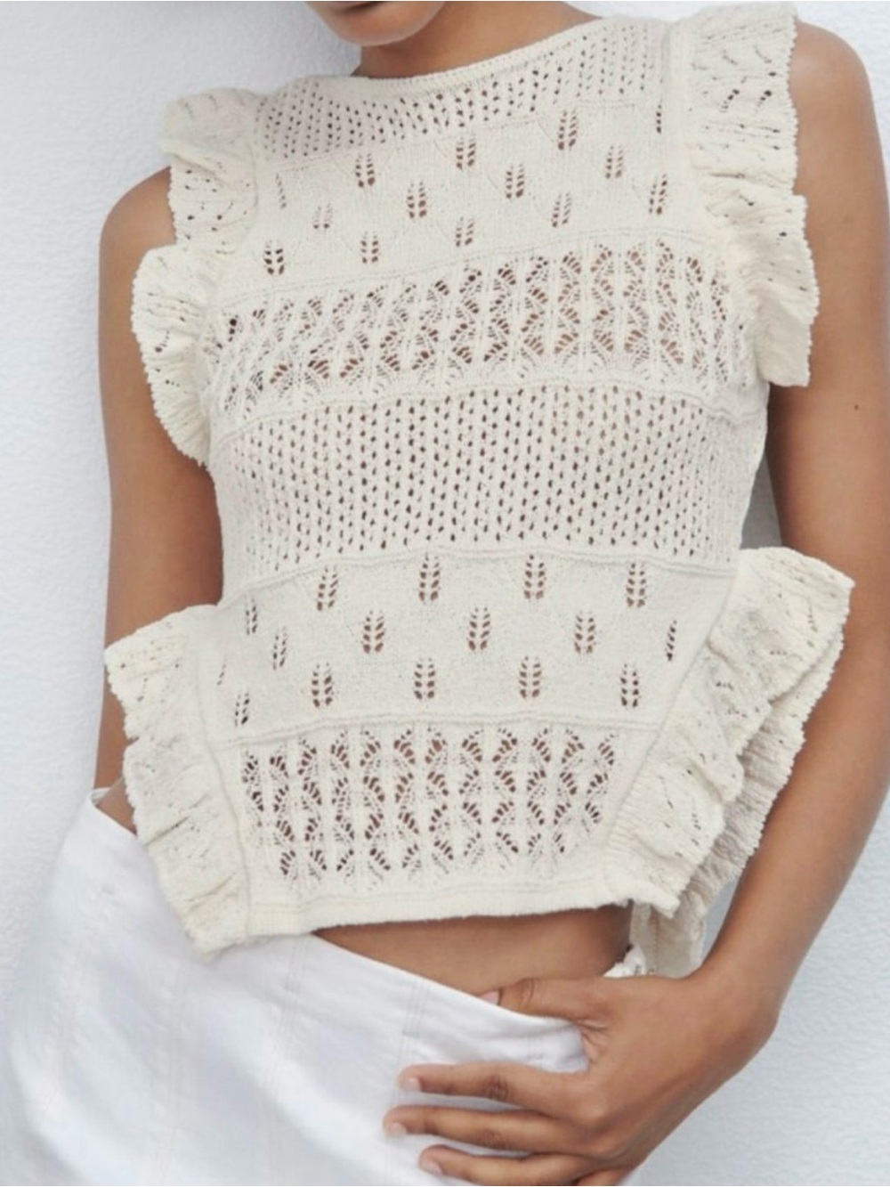Zara Women's Crochet Cream Summer Top With Frills
